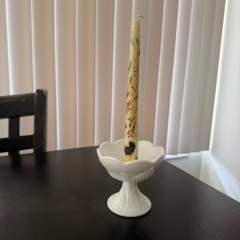 Vintage White Milk Glass Candle Holder Cottagecore Pedestal Bowl Bird Taper
